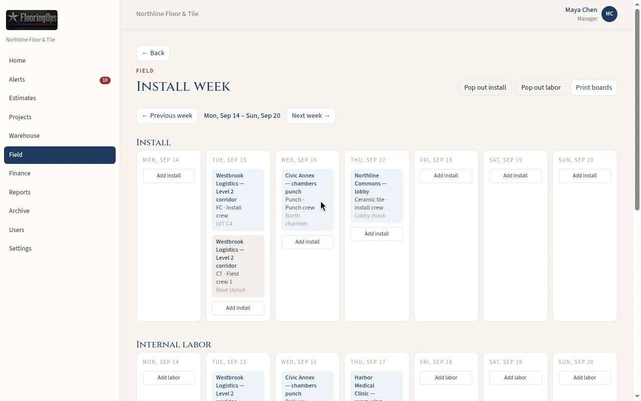 FlooringOps field week screen