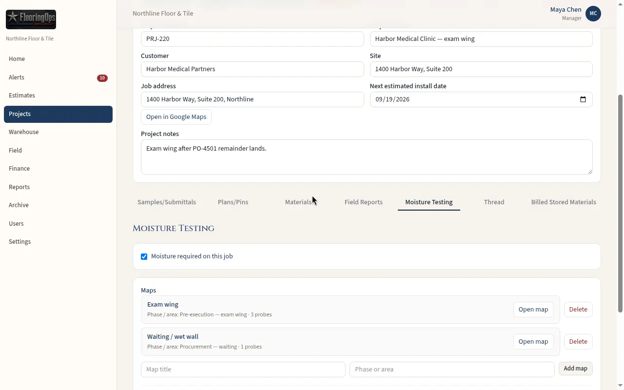 FlooringOps moisture testing job screen