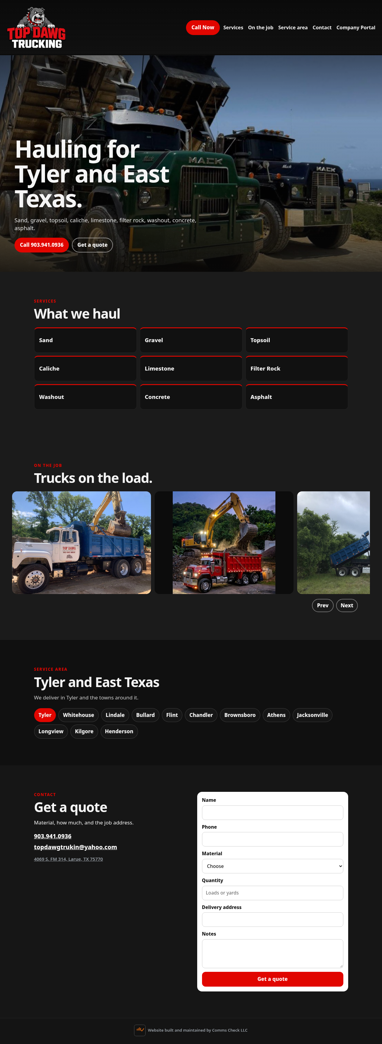 Top Dawg Trucking dump-truck hauling website homepage